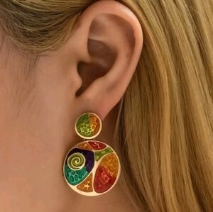 NEW! Retro Multicolor Gold Enamel Spiral Design Disc Drop Post Earrings